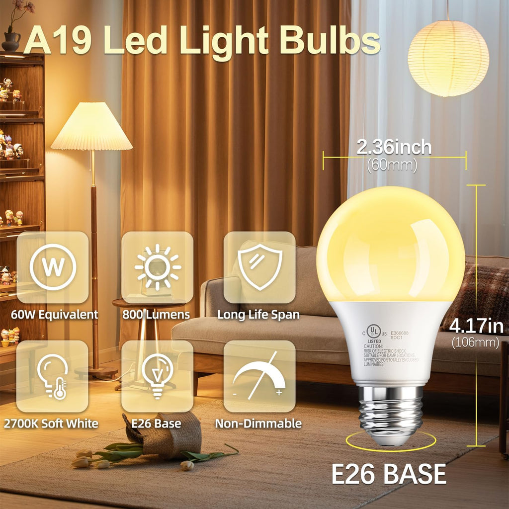6 Pack A19 LED Light Bulbs, 60 Watt Equivalent LED Bulb, Soft Warm White 2700K, Efficient 9W, E26 Standard Base, Non