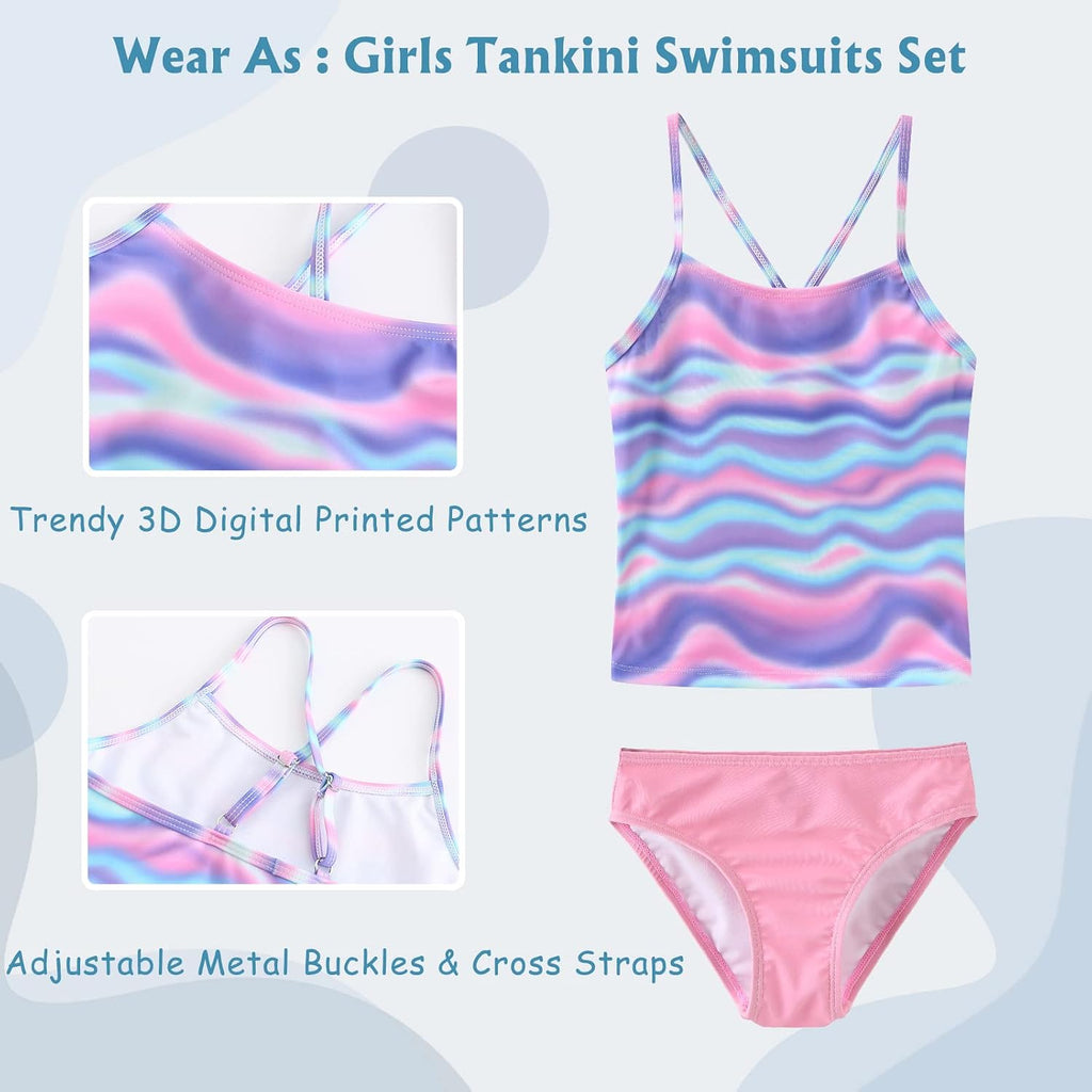 Girls 3 Piece Swimsuits Set Long Sleeve Rash Guard Tankini Bathing Suits for Girls Beach Swimwear Set