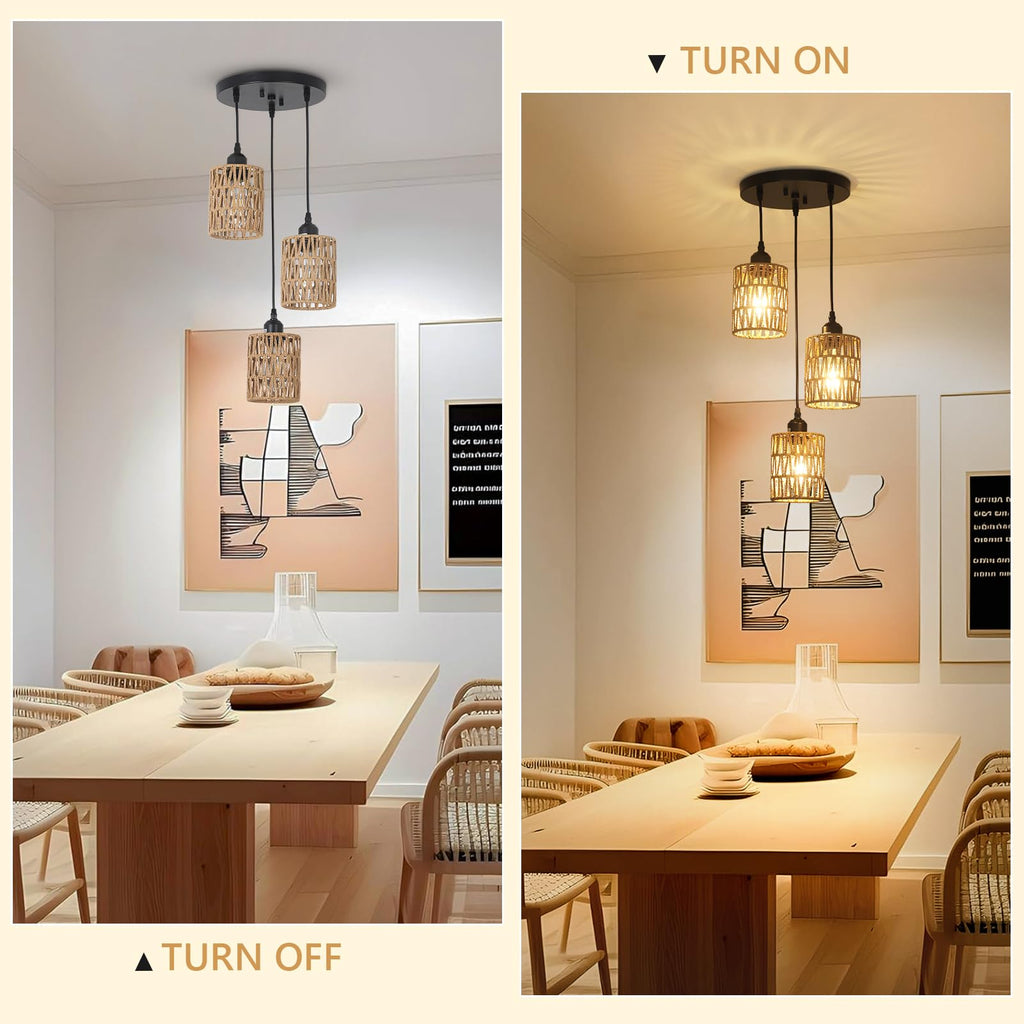 3 Lights Rattan Pendant Light, Farmhouse Dining Room Light Fixtures Ceiling Hanging, Boho Pendant Lighting with Hand