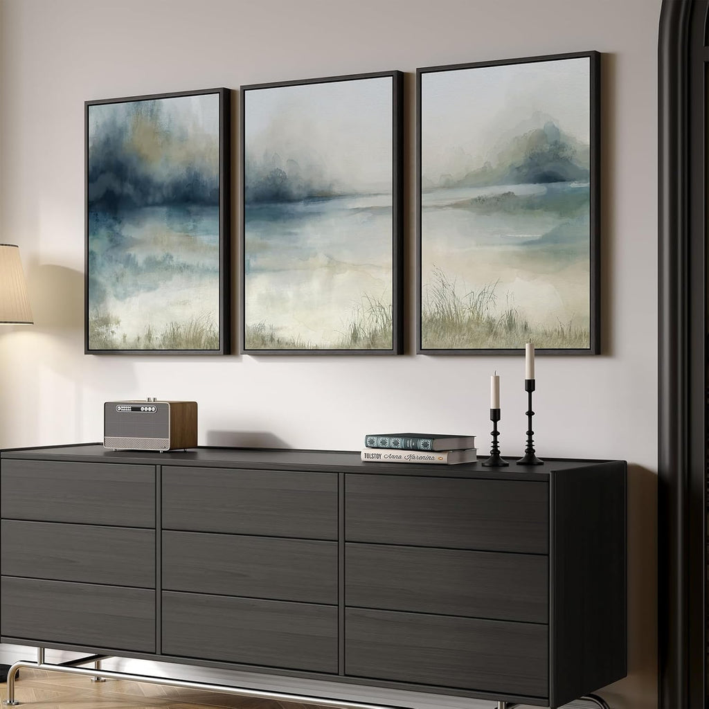 Large Framed Abstract Nature Landscape Wall Art , 3 Piece Blue Watercolor Canvas Prints Paintings Artwork for Walls