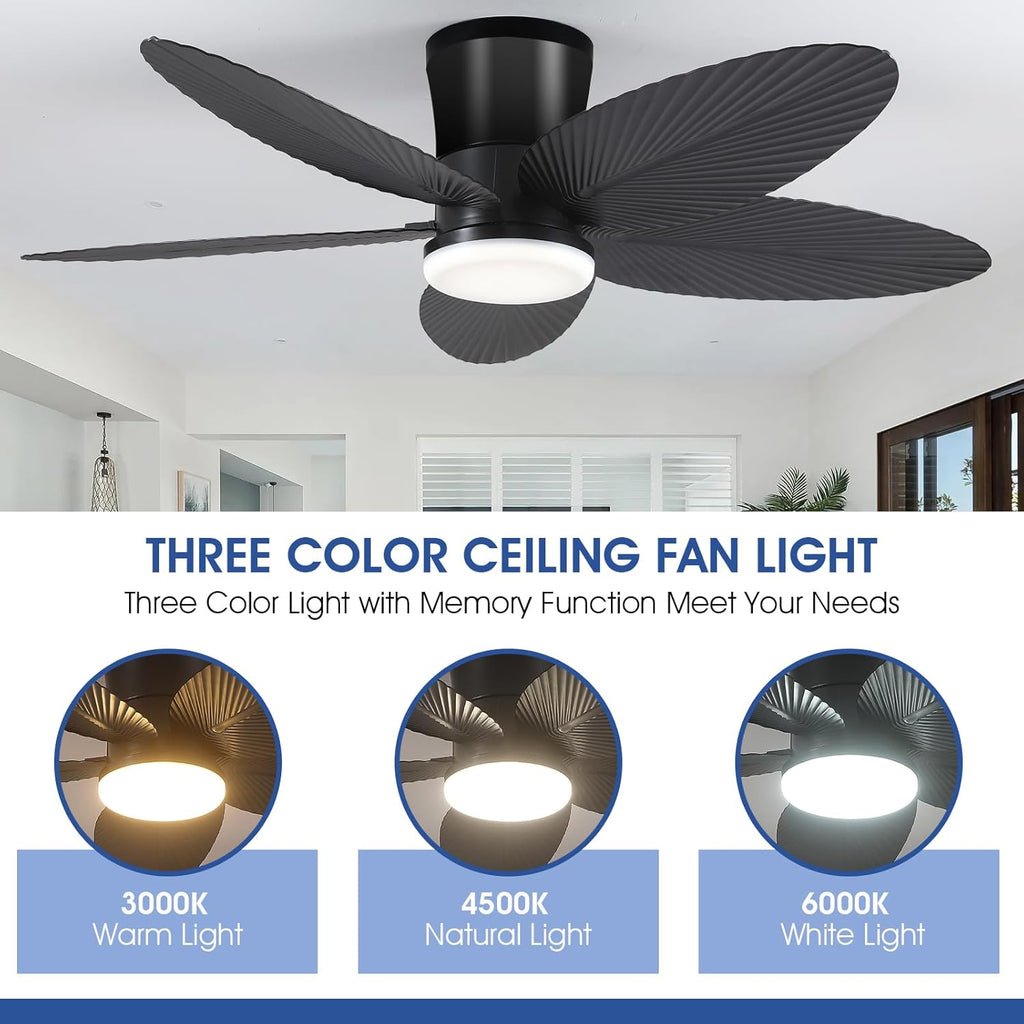Palm Leaf Ceiling Fans with Lights-42 Tropical Ceiling Fan with Light and Remote/APP Control,Flush Mount Low Profile Black Ceiling Fans for Bedroom,Indoor/Outdoor Patio Use A101-B0DLVQVJKJ