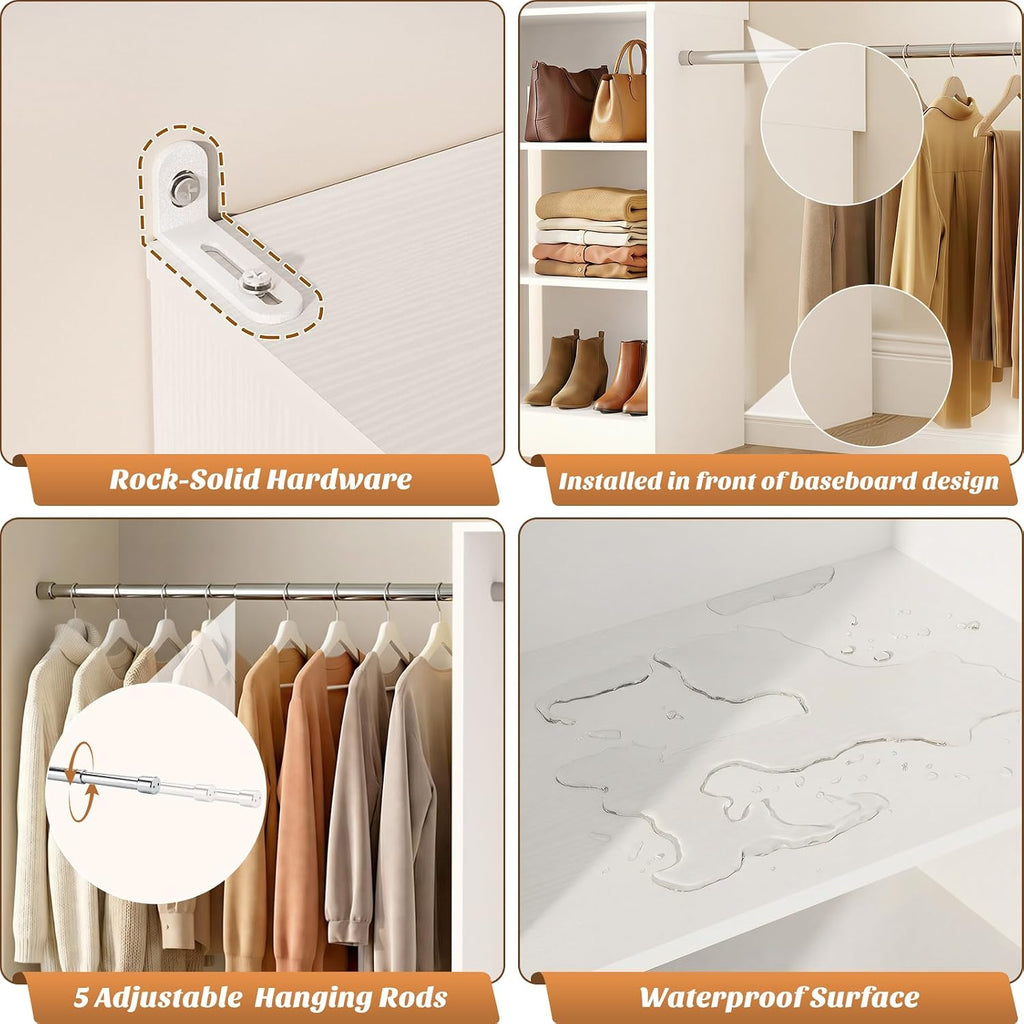 12FT Large Open Closet System, 138'' Wall-Mounted Closet Shelving with 5 Hanging Rods and 6 Shelves, Customizable