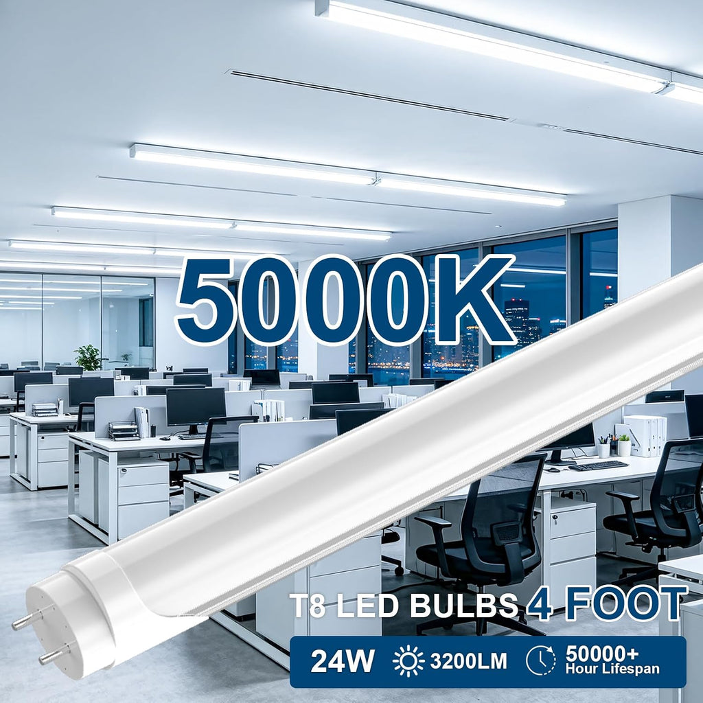 T8 4FT LED Light Bulbs, 24W 3200LM 5000K Frosted Type A+B, 4 Pack