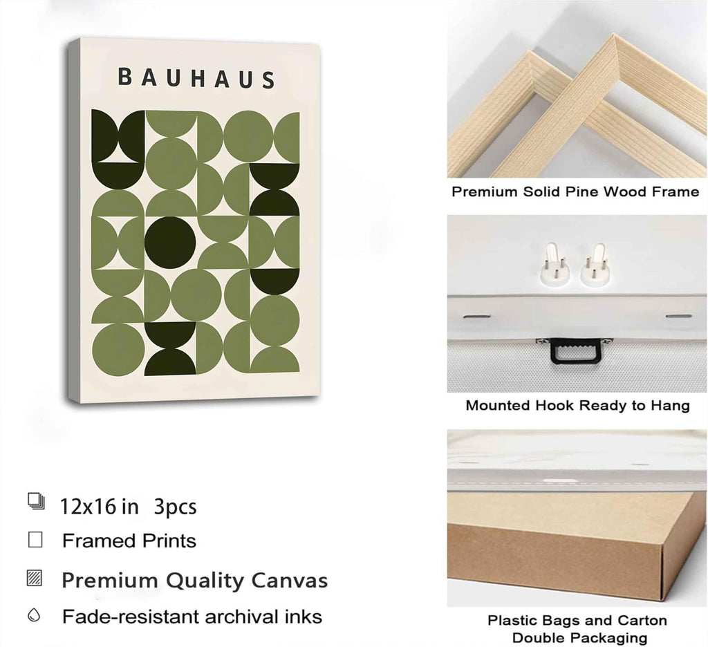 Green Bauhaus Wall Art, Mid Century Geometric Wall Decor, Set of 3, 12x16in
