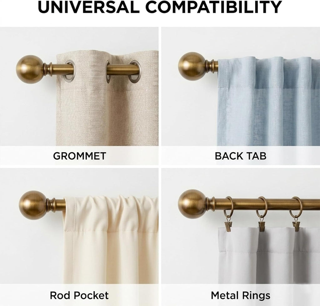 Brass Curtain Rods for Windows, 1 Inch Modern Metal Drapery Rods, Adjustable Heavy Duty Curtain Pole