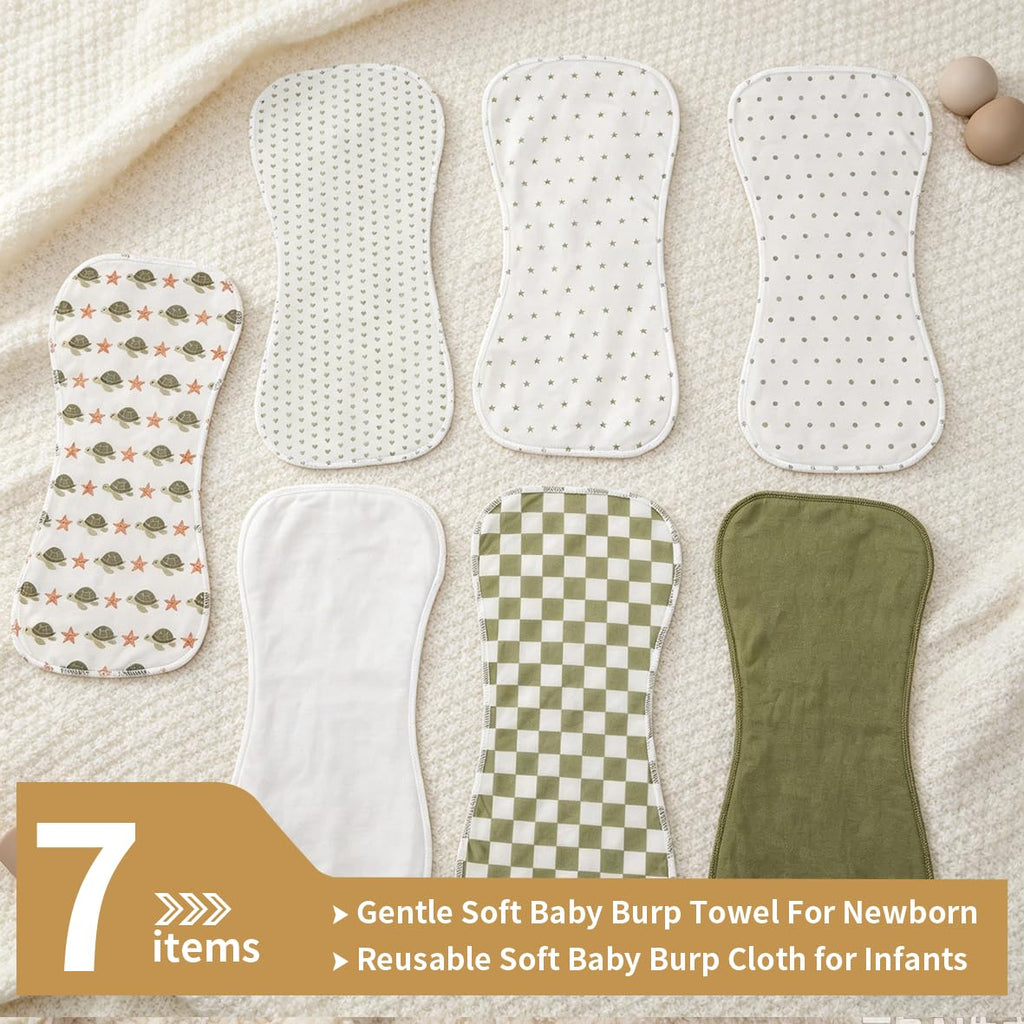 Baby Burp Cloths, 7 Pack, Assorted Prints with Squirrel, Dinosaur and Bear Themes (Green-wg)