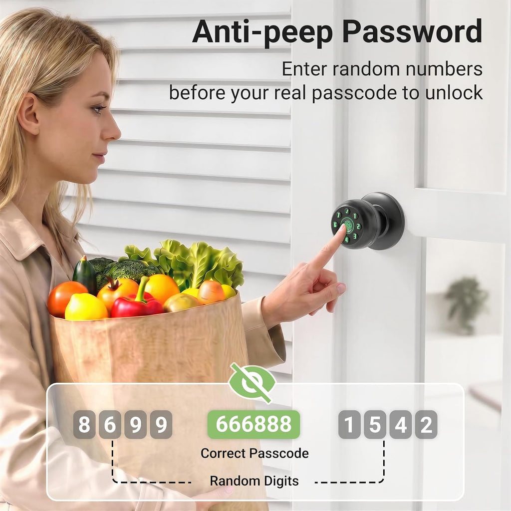 Smart Fingerprint Door Knob , Biometric Door Lock with Code & Key, Auto-Locking Thumbprint Door Knob for Interior