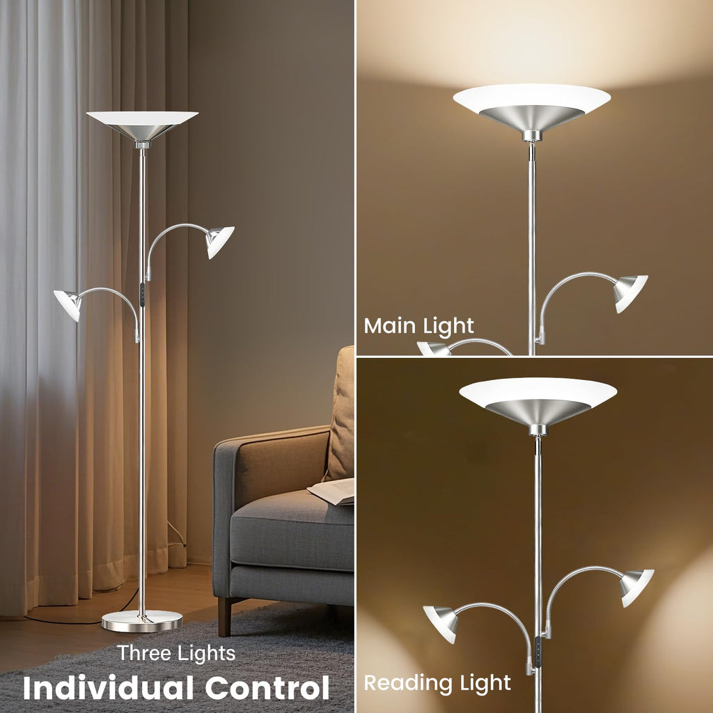 42W 3-Light Torchiere Floor Lamp, LED Tree Standing Lamp
