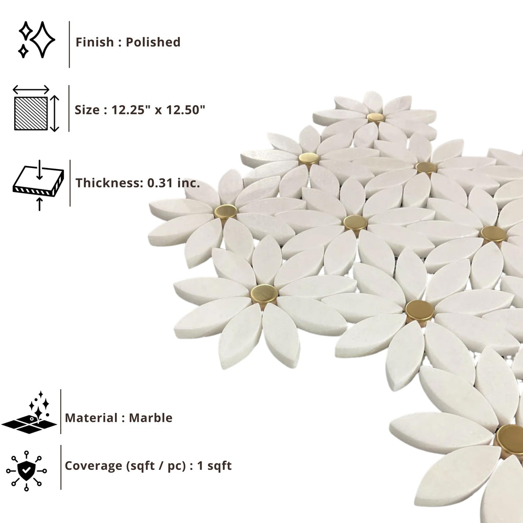 Thassos White Marble Daisy Flower Mosaic Tile with Gold Metal Inlay 12x12 Inches - Decorative Natural Stone Wall &