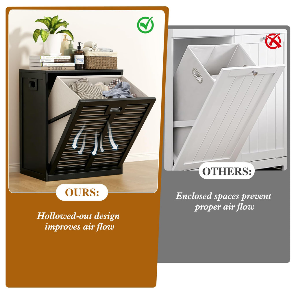 Tilt Out Laundry Hamper, Bamboo Laundry Cabinet with Hidden Removable Basket,Dirty Clothes Storage Organizer , Black