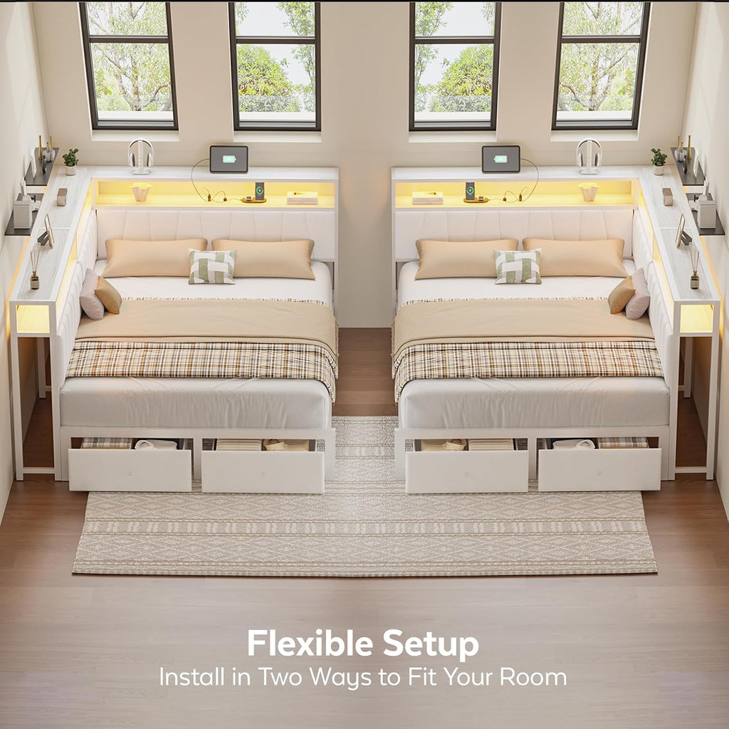 Queen Corner Bed Frame with Storage Drawers, Modern Daybed with LED Lights and Charging Station, Metal Platform Bed