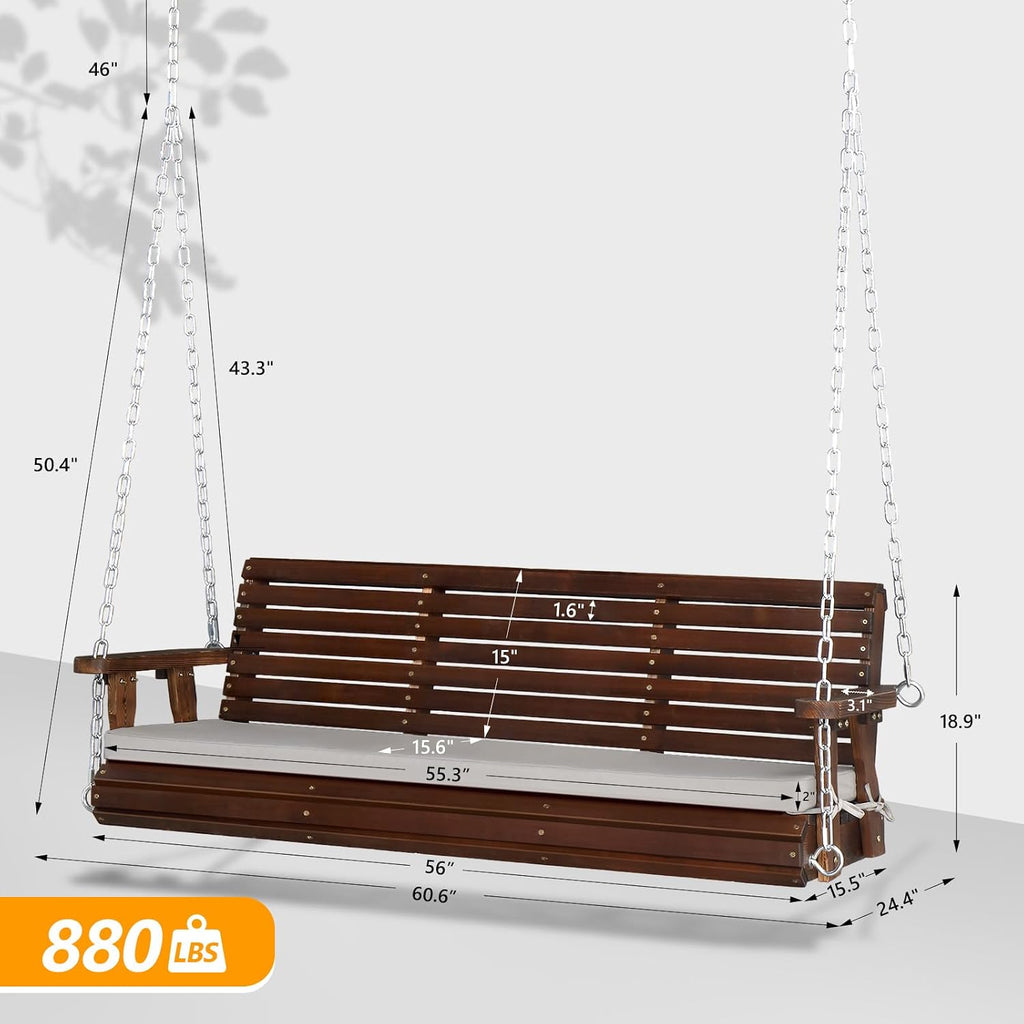 5 FT Heavy Duty Porch Swing with Cushion, 880 LBS Wooden, Rustic | Extra Cushion Included; Heavy-Duty Wood Frame;