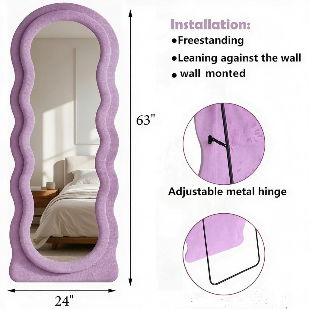 Full Length Mirror, 63" × 24" Purple Wavy Velvet Mirrors
