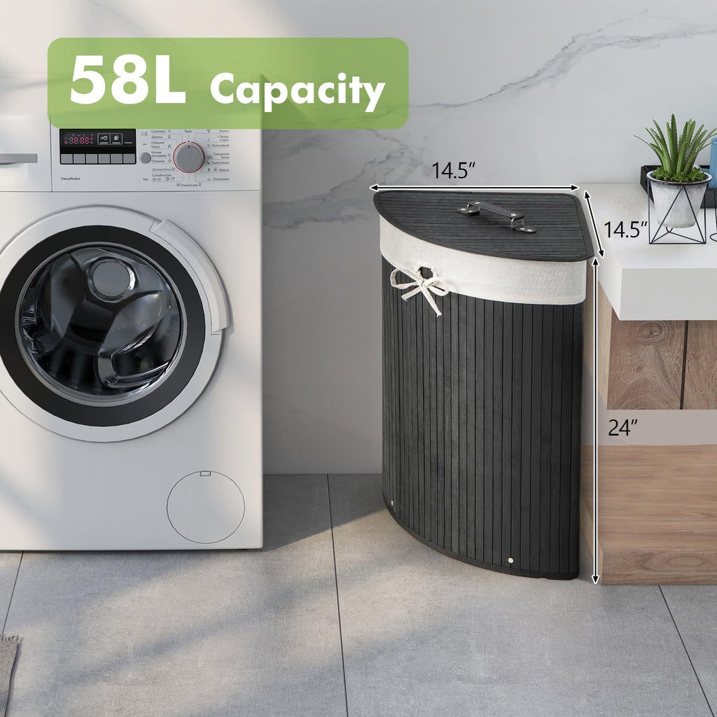 58 L Corner Laundry Hamper with Lid, Removable Liner & Handle Black