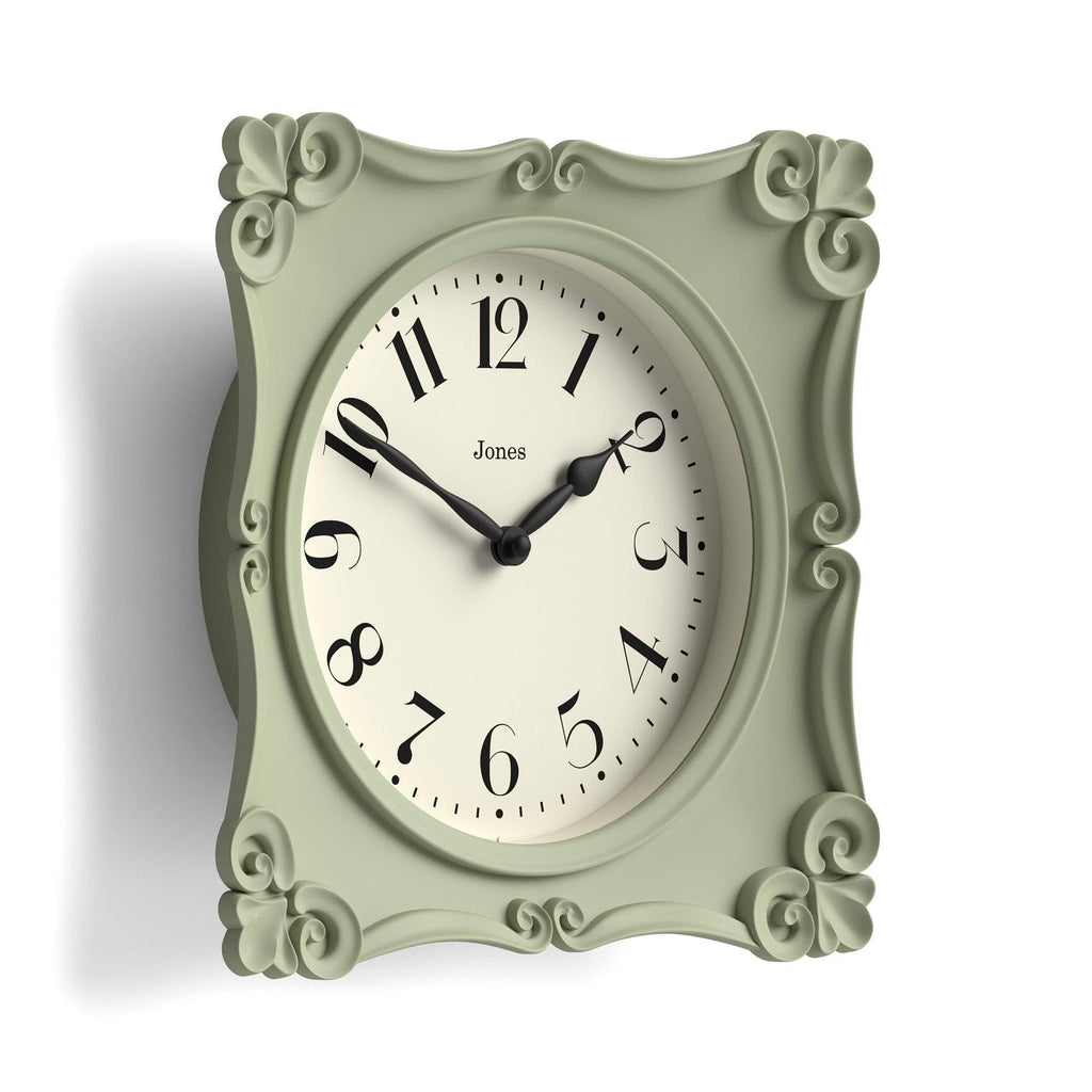 Rialto wall Clock | Ornate Square Clock | 10" | Sage Green