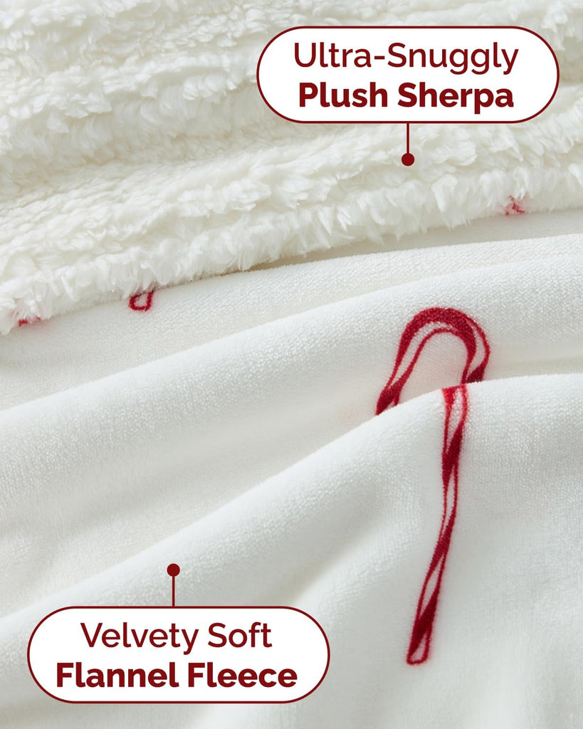 Christmas Sherpa Blanket Throw Size, Reversible Blanket - Candy Cane, 50x60
