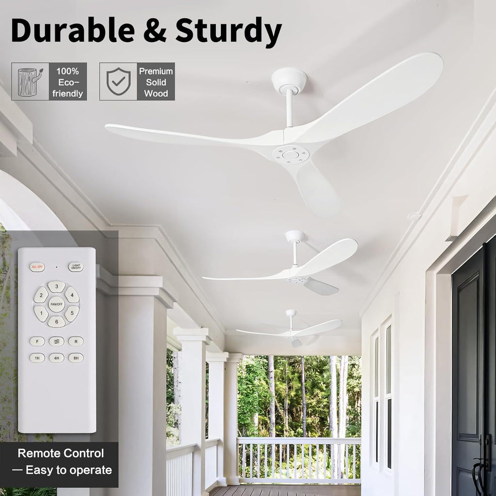 Inspired Maverick Style 52" White Ceiling Fans Without Lights, 52 Inch Outdoor Ceiling Fans no Lights, 3 Blade Solid Wood Waterproof Ceiling Fan with Remote Control for Indoor Outdoor Farmhouse/Patio Porch - White Blades A102-B0CMTJTWLL