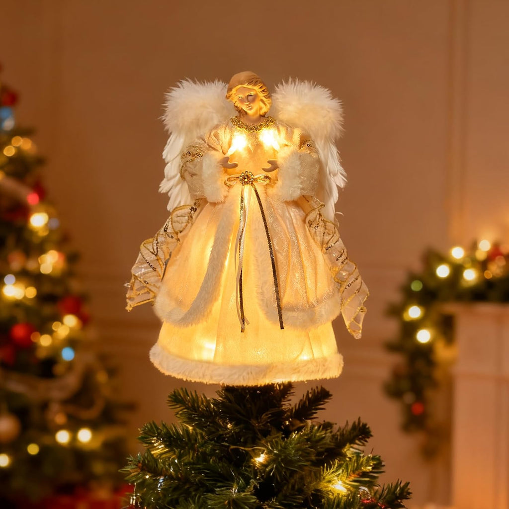 Angel Christmas Tree Topper, 13.7 Inch Angel Tree Topper with Lights, Christmas Tree Topper with White Feather Wings