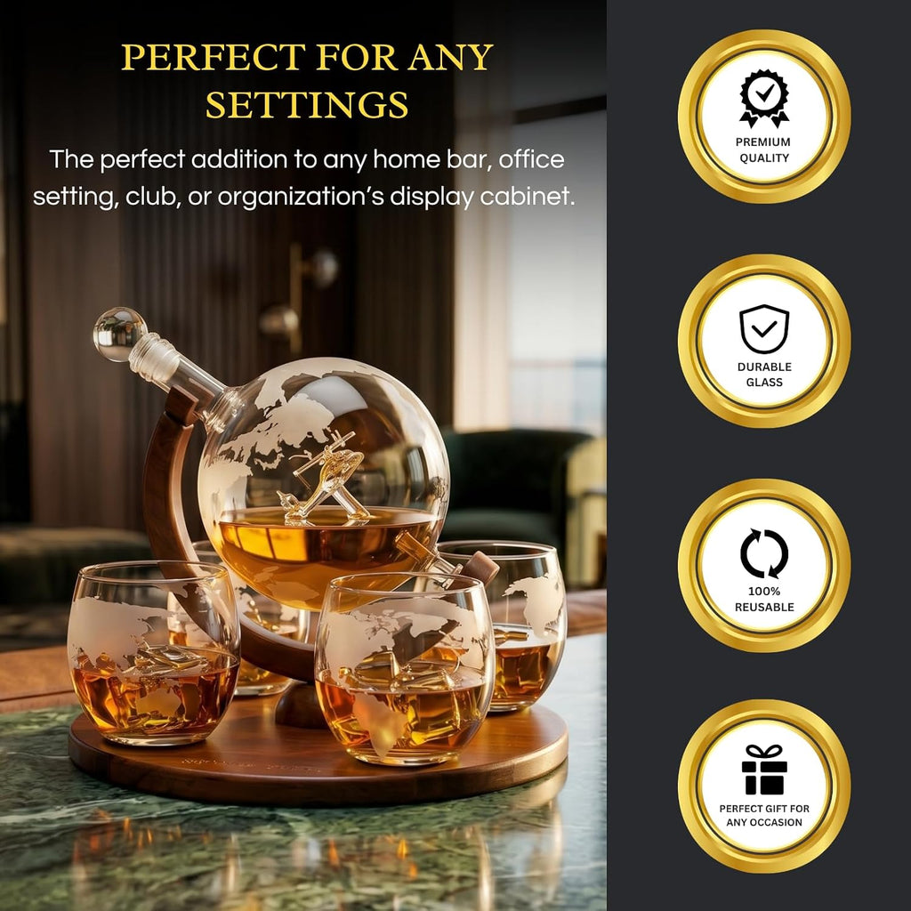 Helicopter Whiskey Decanter Set - For pilots & aviation fans. Unique globe decanter with military helicopter design.
