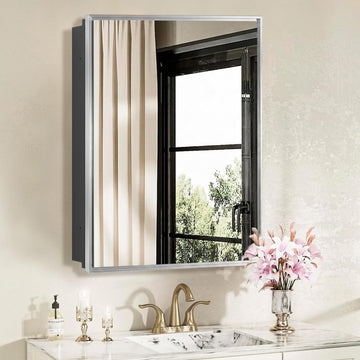 Medicine Cabinet with Mirror, 16 x 26 Inch Farmhouse Bathroom Cabinet, Brush Nickel Aluminum Frame Single Door Wall