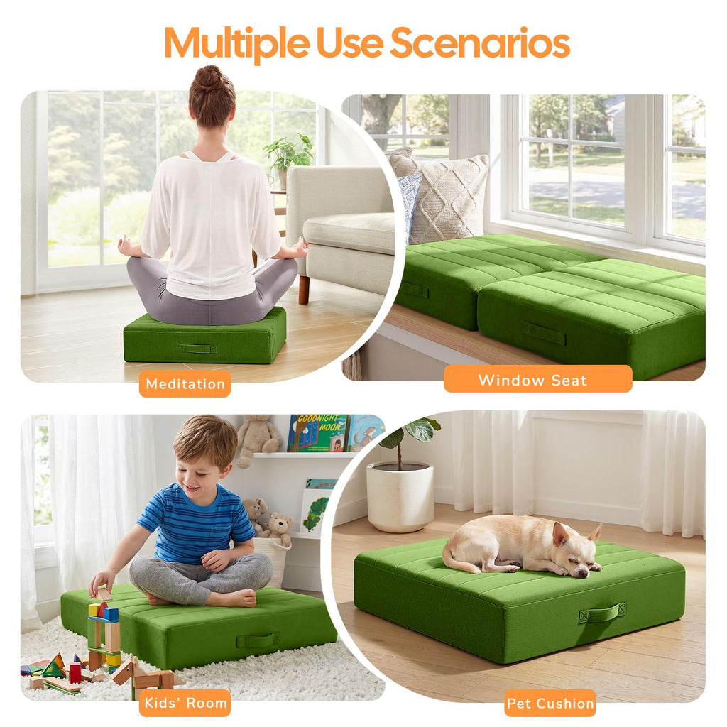 22 Inch Square Floor Pillow for Adults, Green Thick Foam Cushion