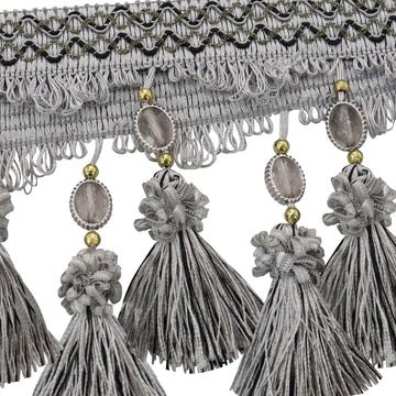 Pom Pom Curtain Fringe Trim Beads Ball Tassel Trimming Sewing Ribbon Upholstery Fabric (Gray) - 3yards