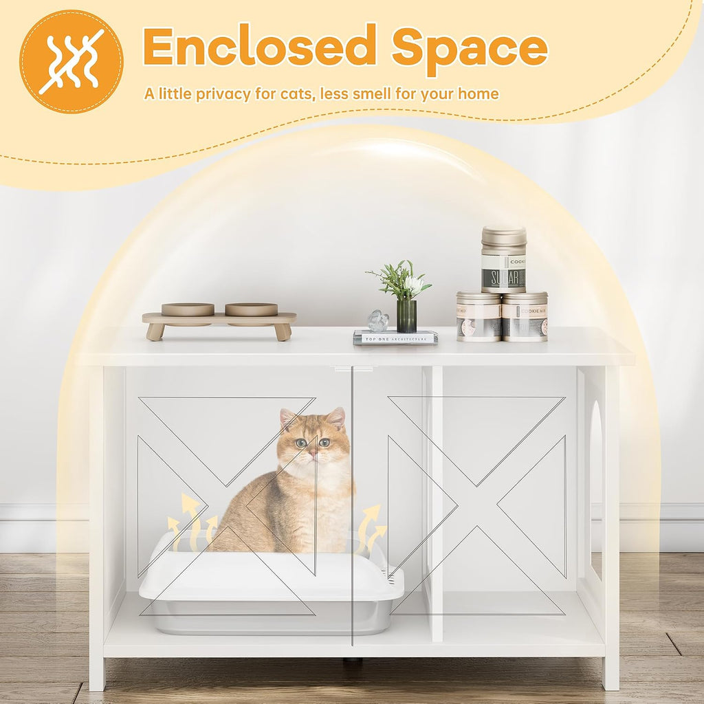 Cat Litter Box Enclosure, Litter Box Furniture Cabinet Hidden with Removable Divider, Wooden Cat House with End