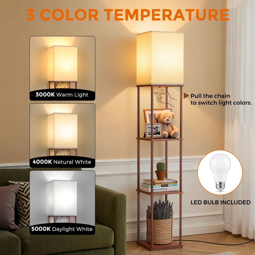 Floor Lamp with Shelves, 3-Tier Modern Square Bookshelf Standing Lamp Brown