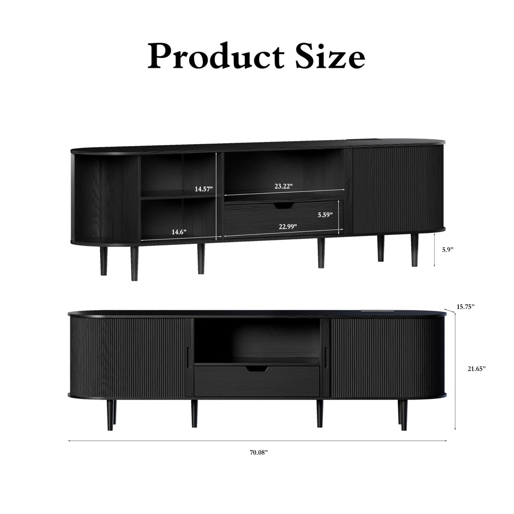 71" Fluted TV Stand with Power Outlet for TVs up to 80", TV Console with Adjustable Shelves and Sliding Door, Mid