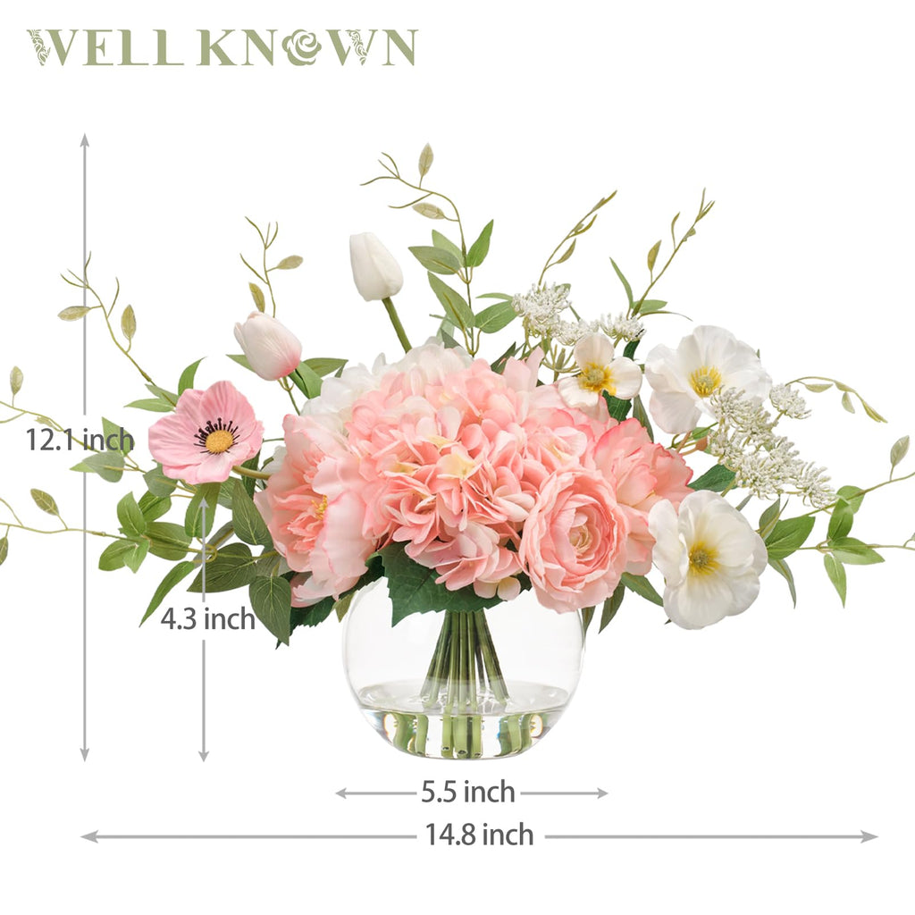 Artificial Flowers in Vase, Fake Silk Peony Tulip Hydrangea Pink & White Flower Bouquet Arrangement with Faux Water
