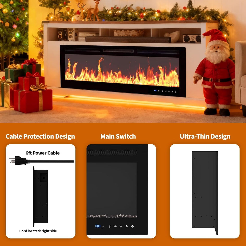 50 Inch Electric Fireplace Insert & Wall Mounted, Smart WiFi/Alexa Control, 1500/750w Heater, 12 Flame Colors, Remote