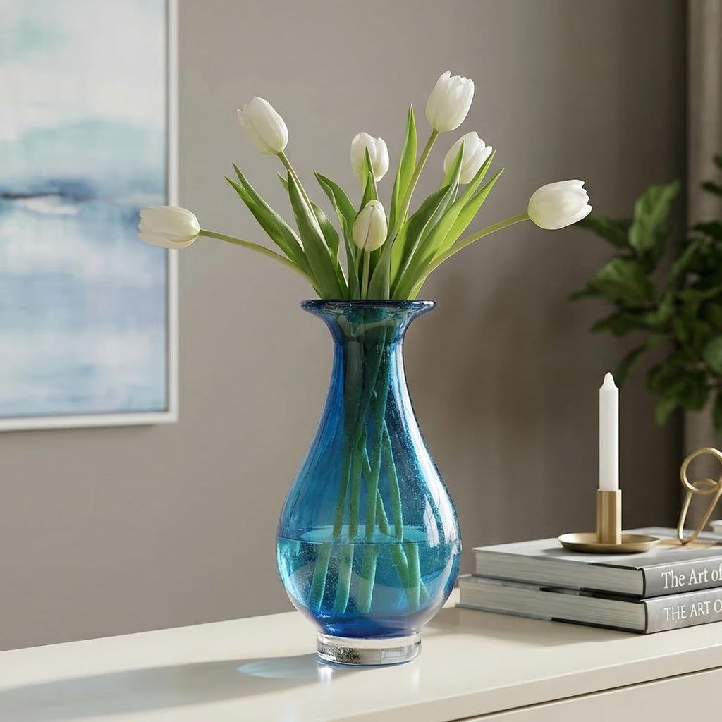 Glass Vase, Hand Blown Wide Mouth Art Glass Vase, Murano Style Decorative Flower Vase Decor, Mantel, Dining Table