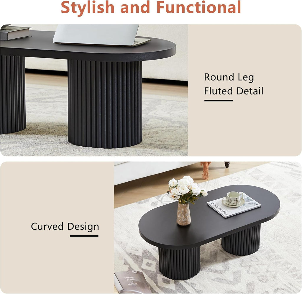 Small Fluted Coffee Table, Farmhouse Oval Wood Coffee Table, Black