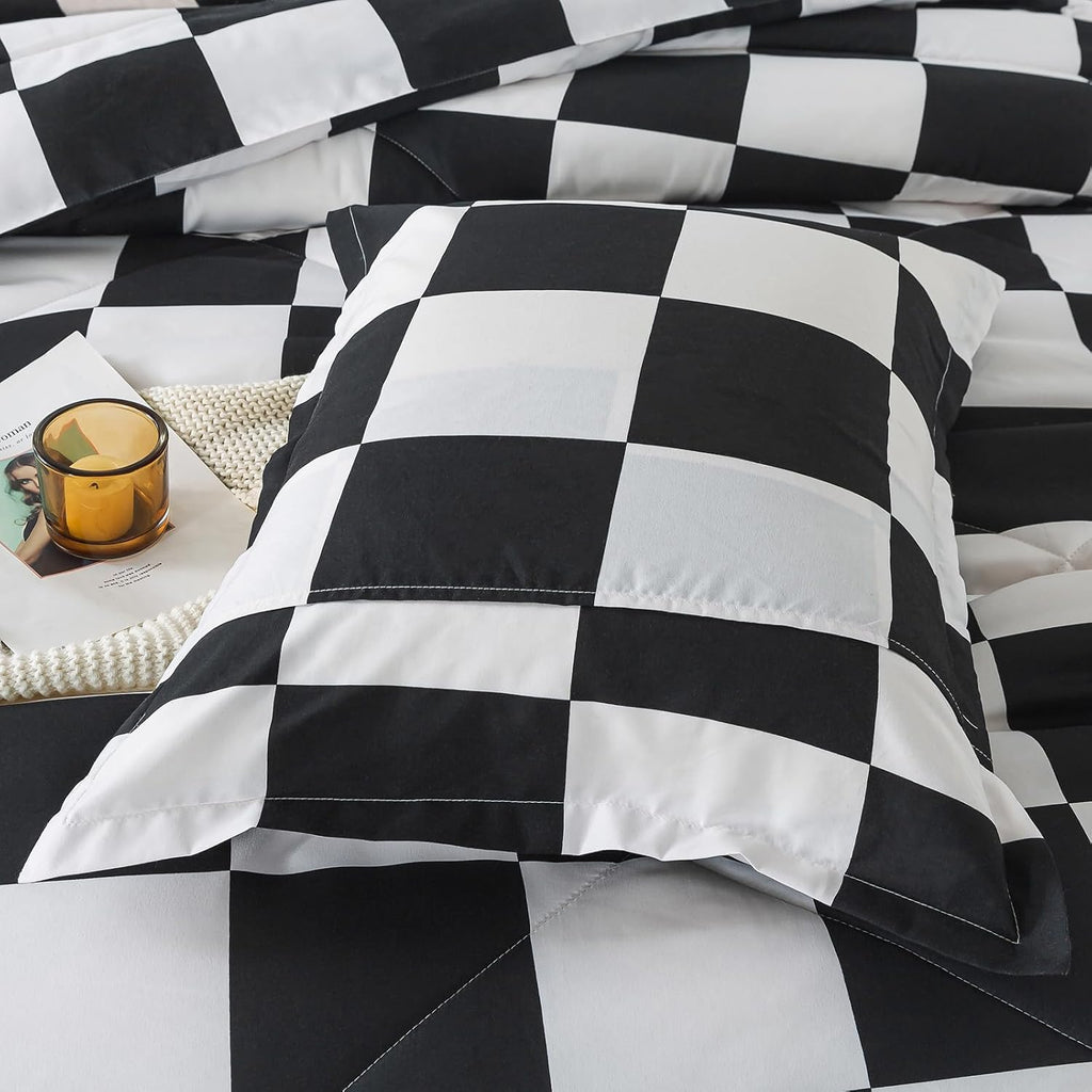 Black and White Checkered Comforter Set, Plaid Twin Checkered Boys Bedding Set for All Seasons, Farmhouse Soft