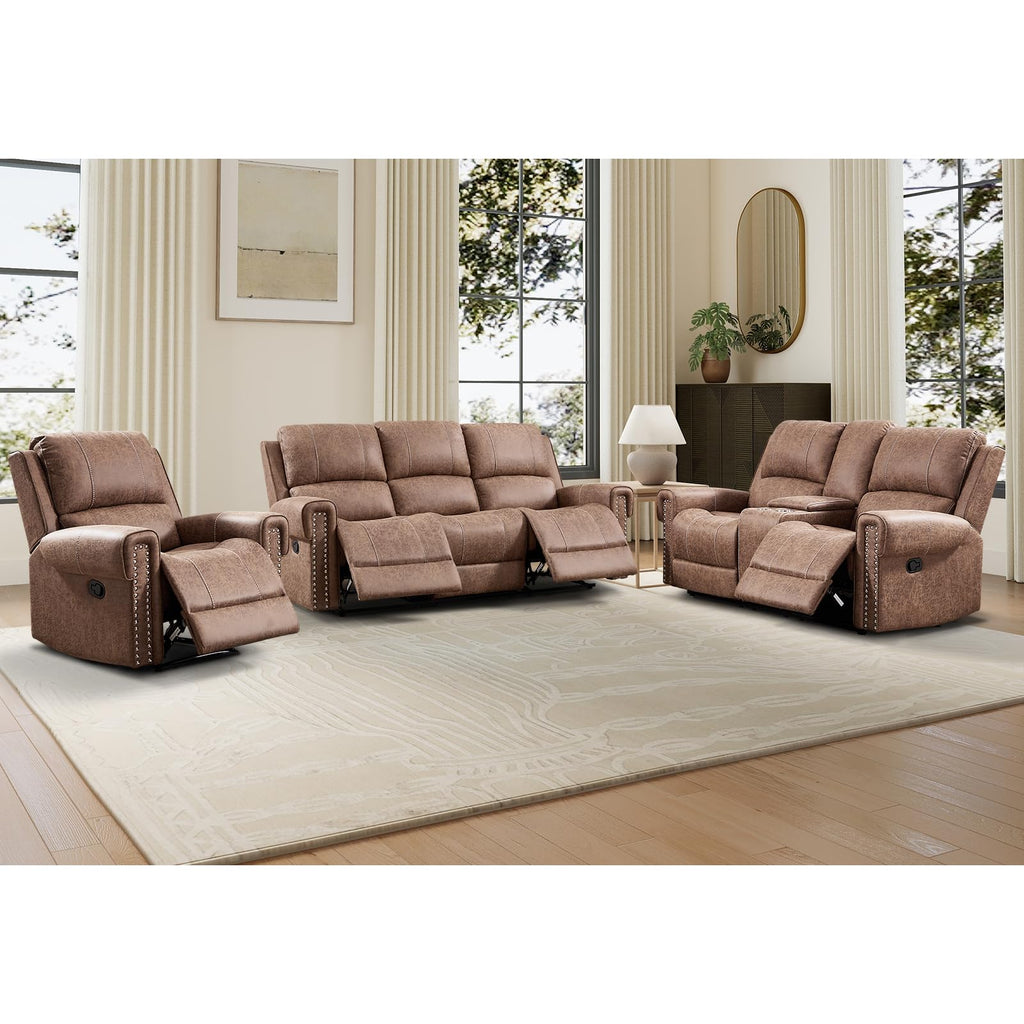 Faux Leather Manual Recliner Sofa Furniture Set, Included Overstuffed Recliner Chair, Reclining Loveseat and 3-Seat