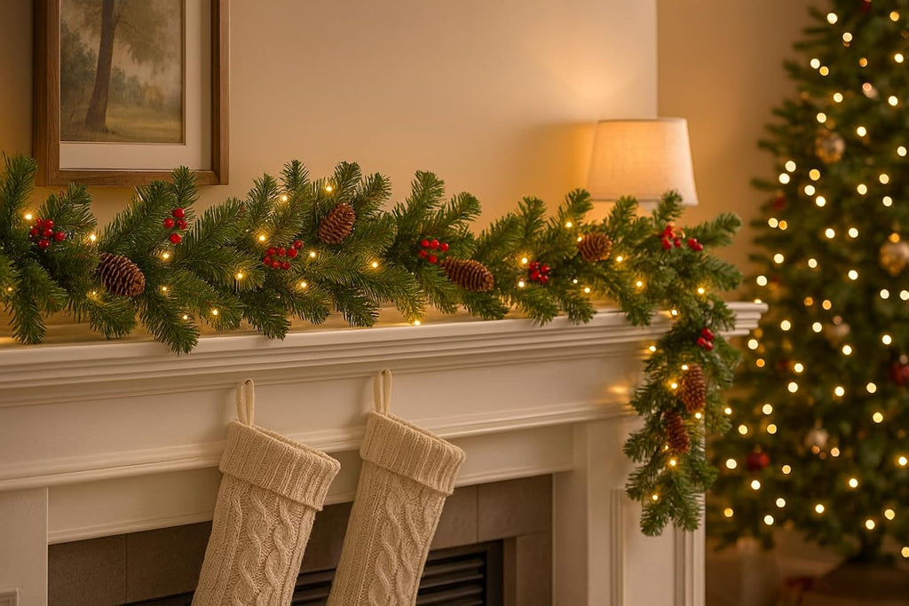 Find Pre-Lit Artificial Christmas Garland, Green, Crest Spruce, White Lights, Decorated with Glitter, Pinecones