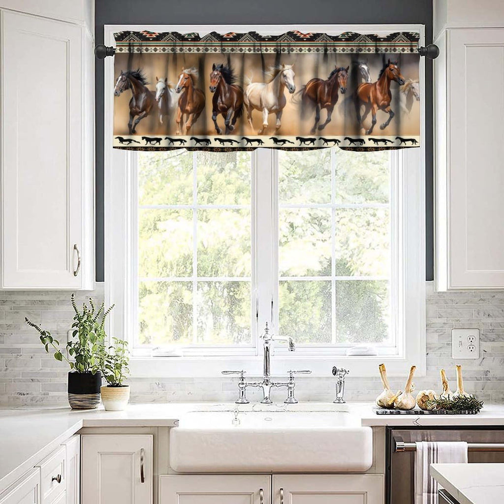 Aztec Horse Valance Curtains, Vintage Western Rustic Desert Navajo Horse Herd Running Window Short Panel Blackout