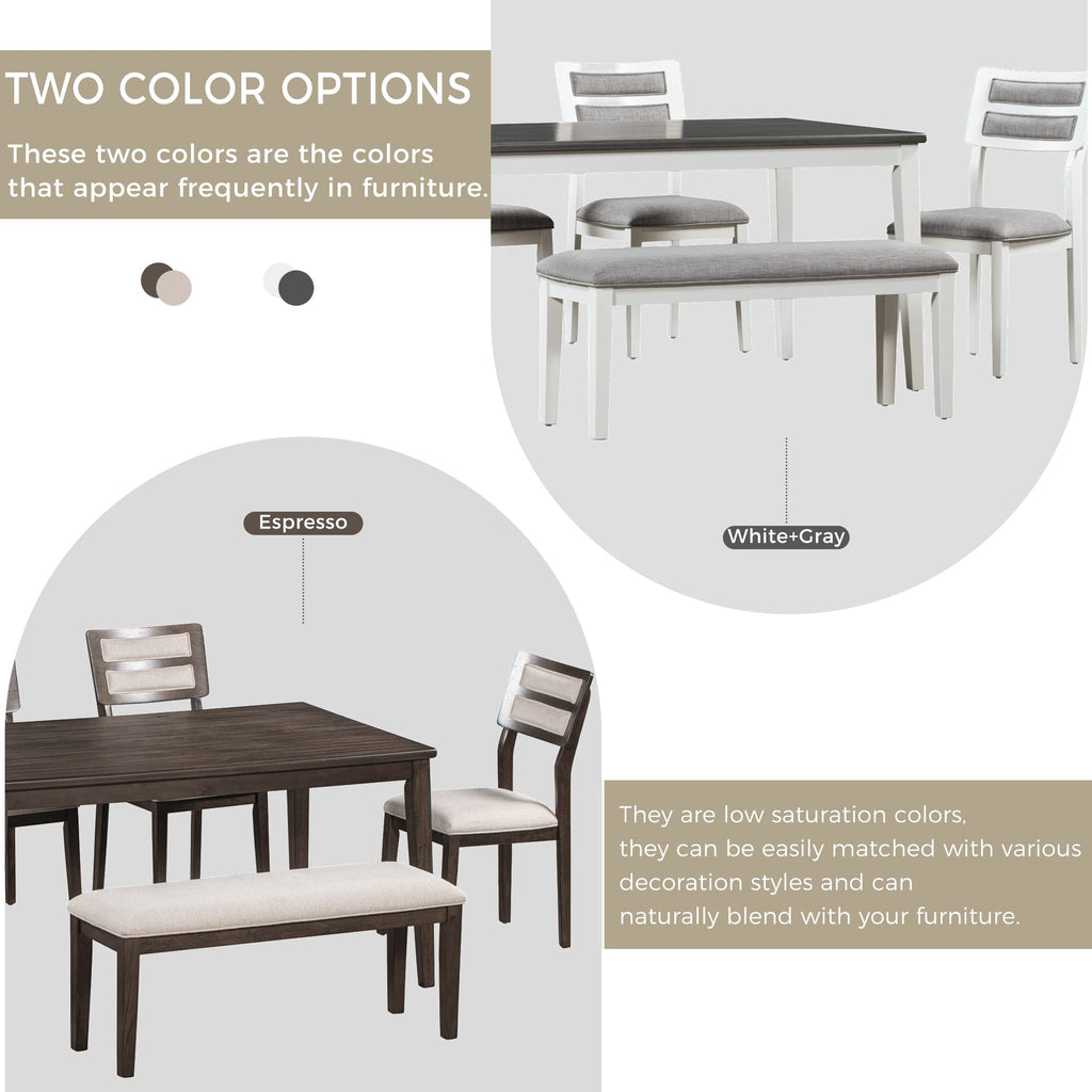 Classic and Traditional Style 6-Piece Dining Room Table Set, Wooden Dining Table Set with 4 Upholstered Chairs &