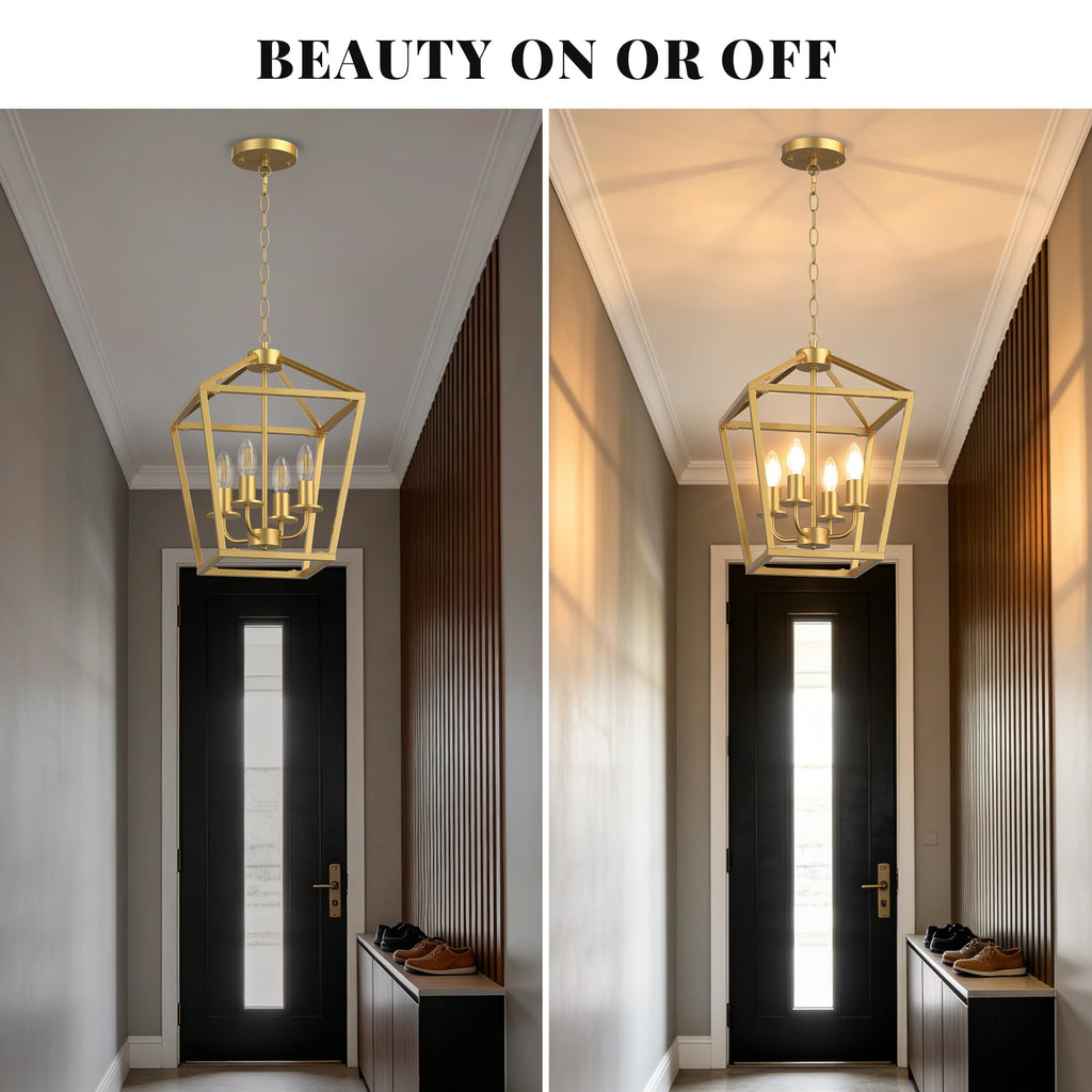 4-Light Gold Chandelier, Modern Farmhouse Lantern Light Fixture