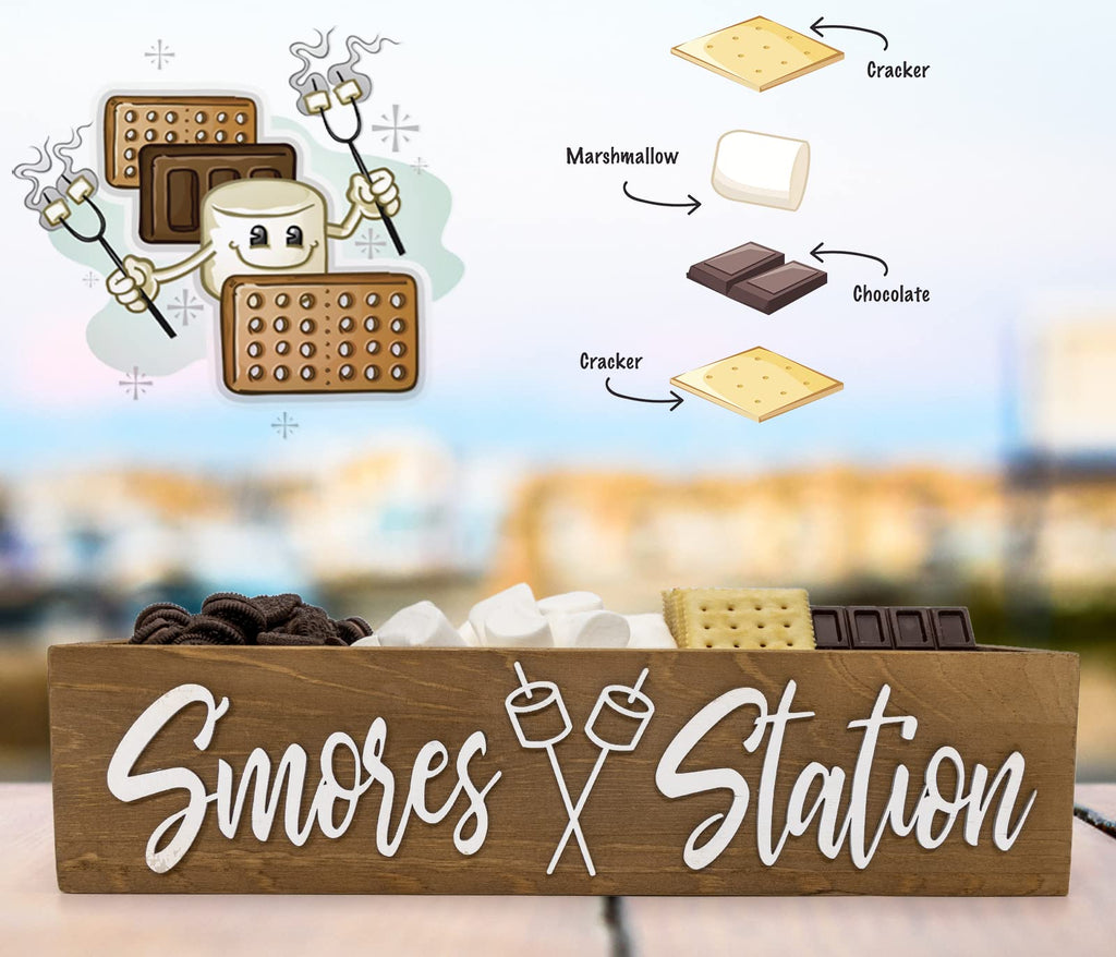S'mores Station Box with Handles, Outdoor Kitchen Camping Decor Food Container, Farmhouse Bar Holder Accessories