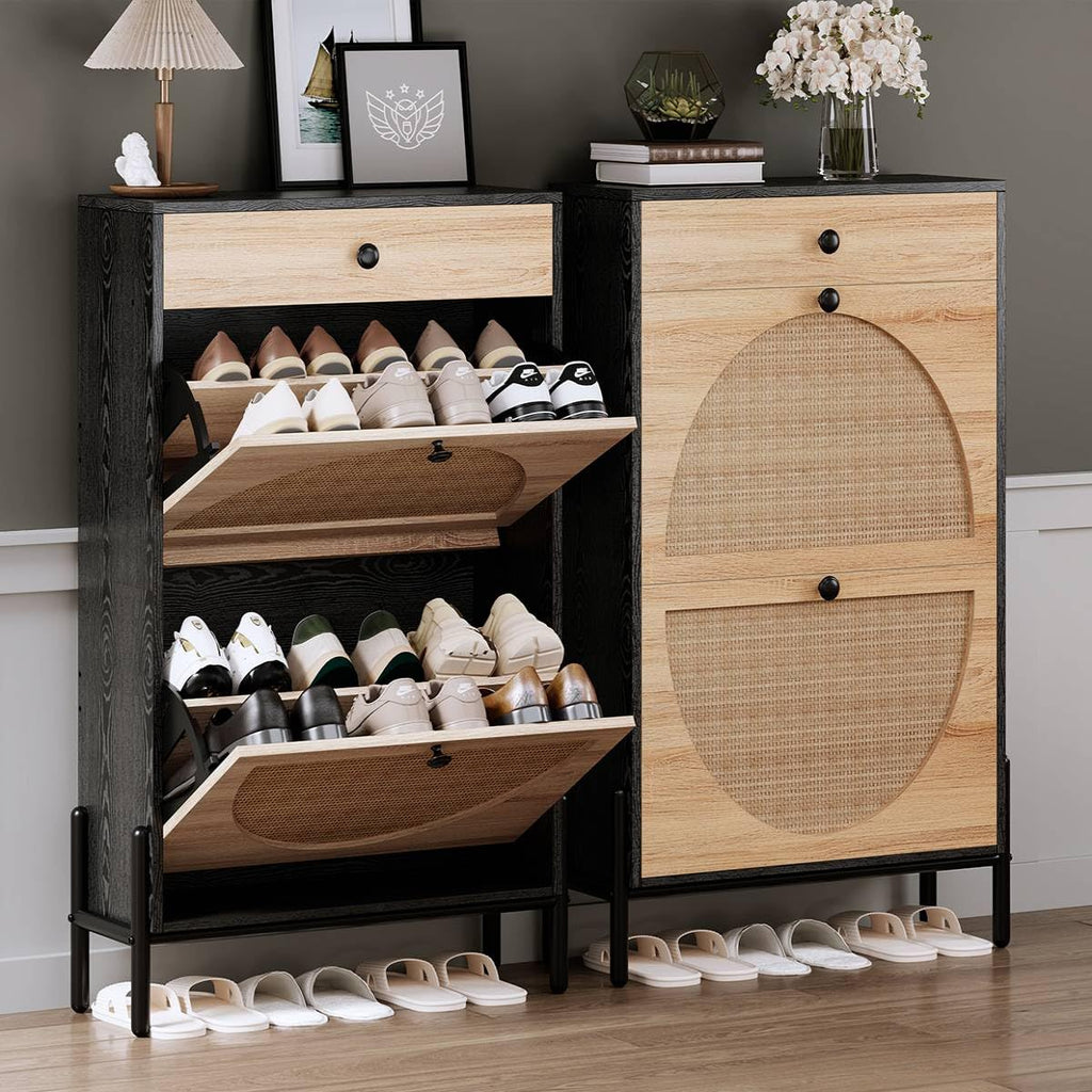 Shoe Cabinet with 2 Flip Drawers, Shoe Storage Cabinet, Free Standing Shoe Storage Organizer with Rattan Doors Slim