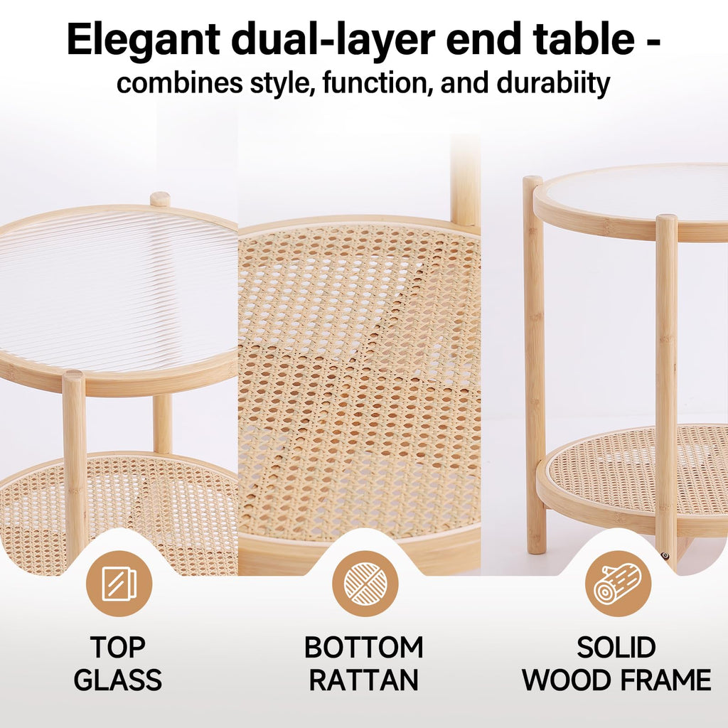 Rattan Side Table, Modern Round Bamboo, Glass Top, Wood