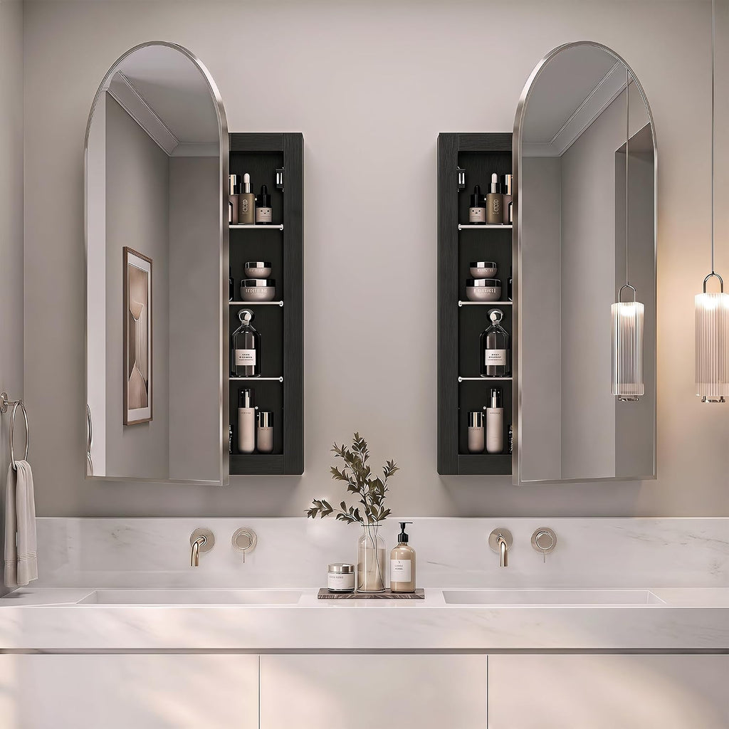 Recessed Medicine Cabinet,Arched Medicine Cabinet with Mirror | Brushed Nickel Metal Edge,3 Adjustable Glass