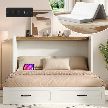 Queen Murphy Bed with 4" Trifold Mattress, Farmhouse Murphy Cabinet Bed with Storage Drawers, Charging Station &
