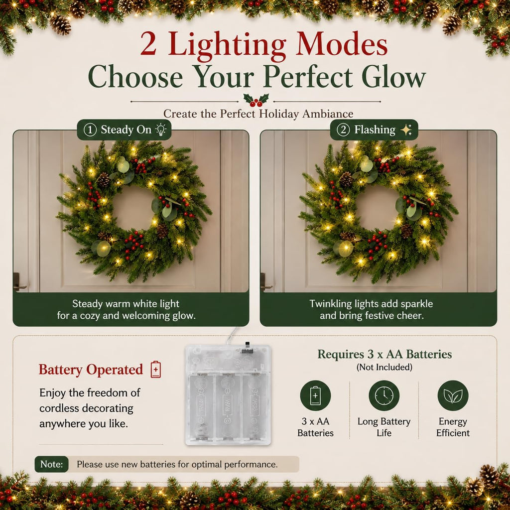 24 Inch Christmas Wreath for Front Door Artificial Wreath with Lights Red | Pinecones, Red Berries, Eucalyptus &