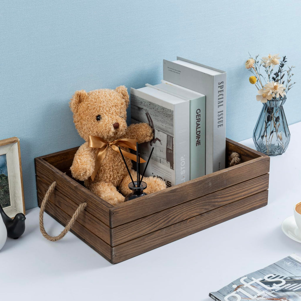 15 Inch Rustic Wood Storage Box, Farmhouse Crate with Handles