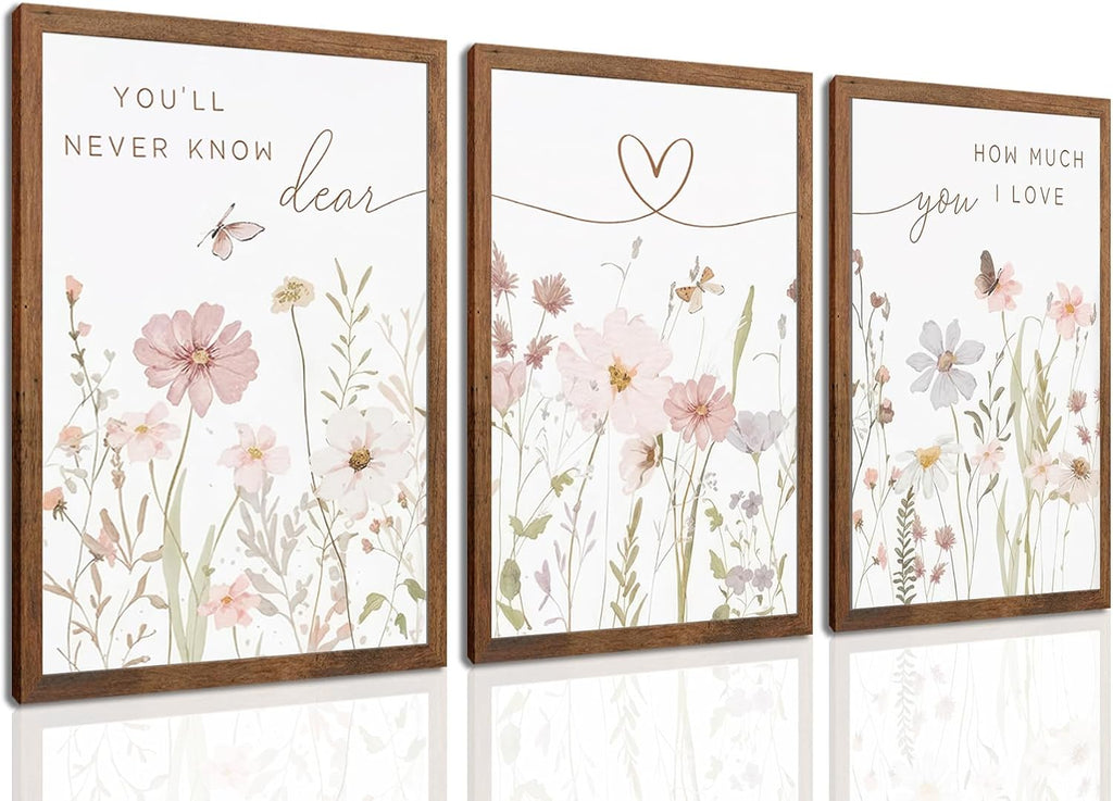Rustic Floral Wall Art Set of 3, Watercolor Wildflower Prints with Heart Line and Inspirational Quotes Neutral