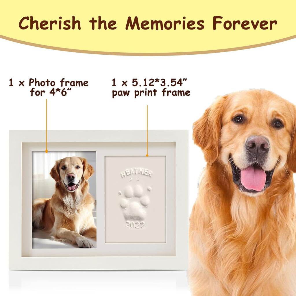 Pet Memorial Frame for Dogs and Cats, Pet Paw Print Photo Frame with Clay Imprint Kit, Pawprint Making Kit and Photo