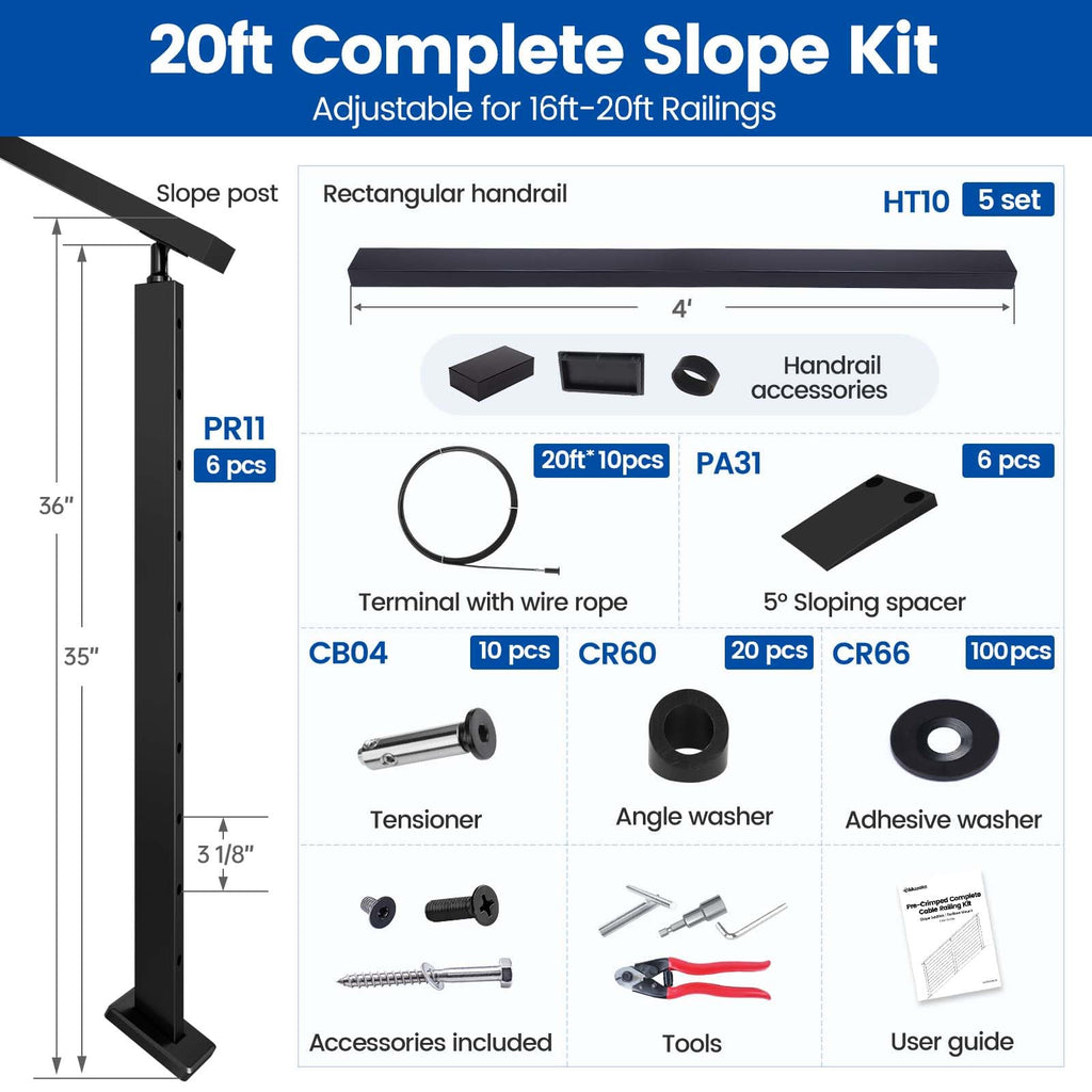 16-20ft Pre-Crimped Complete Cable Railing Kit for Slope 36in RC17