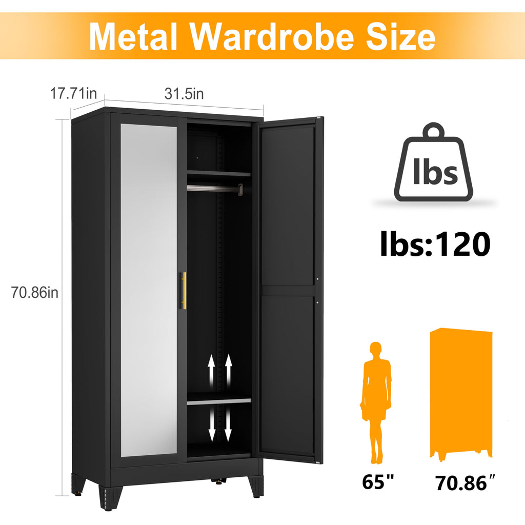 71" H Metal Armoire Wardrobe Closet with Mirror,Adjustable Shelve, Clothes Drying Pole, Steel Wardrobe Cabinet (Black)